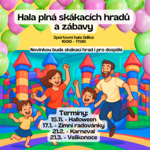 Hala plná skákacích hradů a zábavy